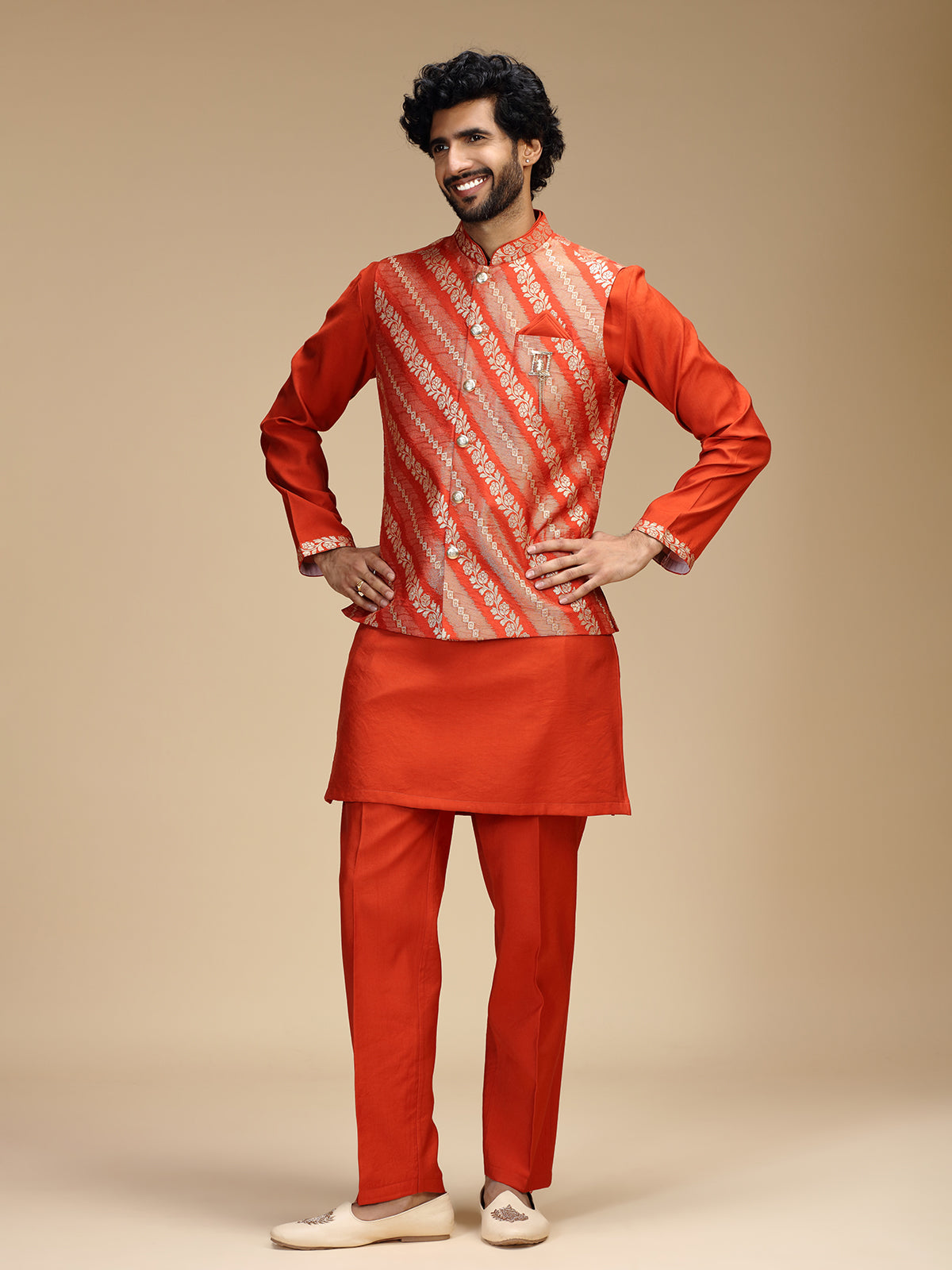 Rust orange banarasi brocade silk mens nehru jacket set