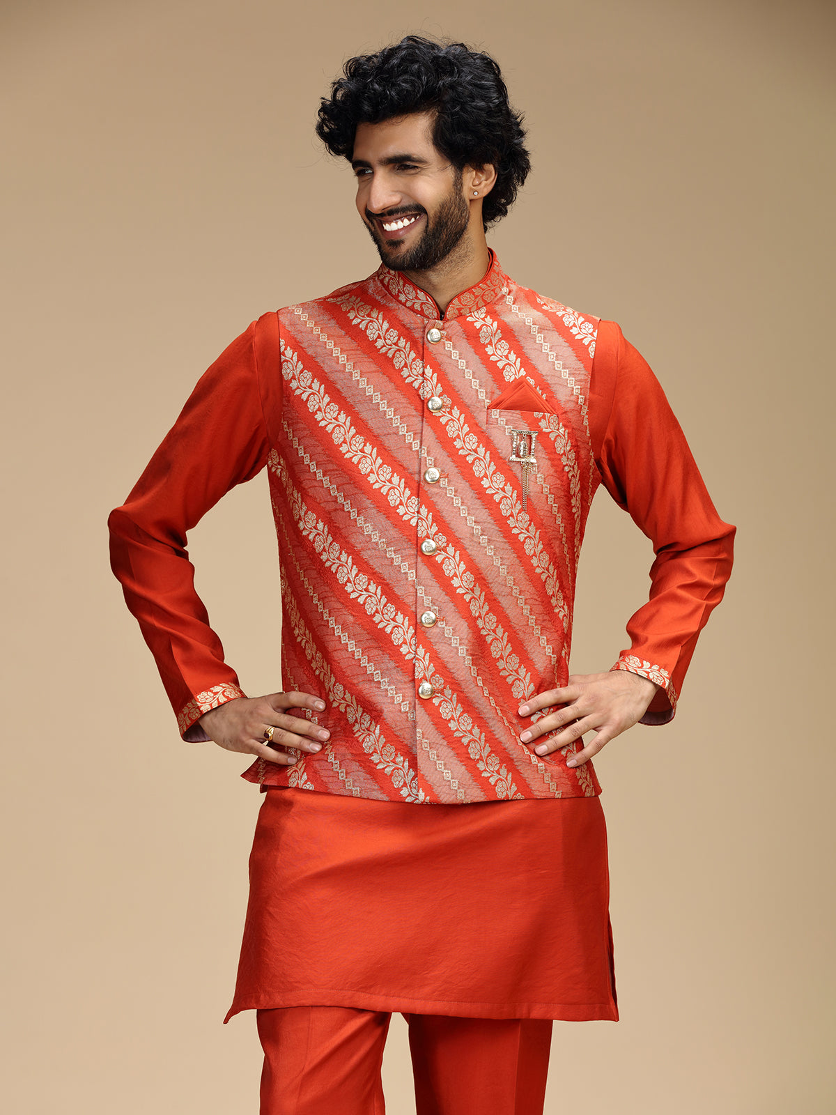 Rust orange banarasi brocade silk mens nehru jacket set