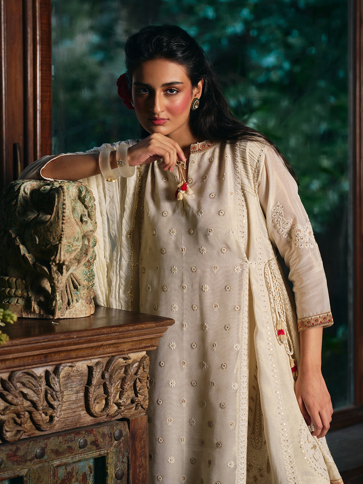Ivory white womens salwar suit with paisley embroidery
