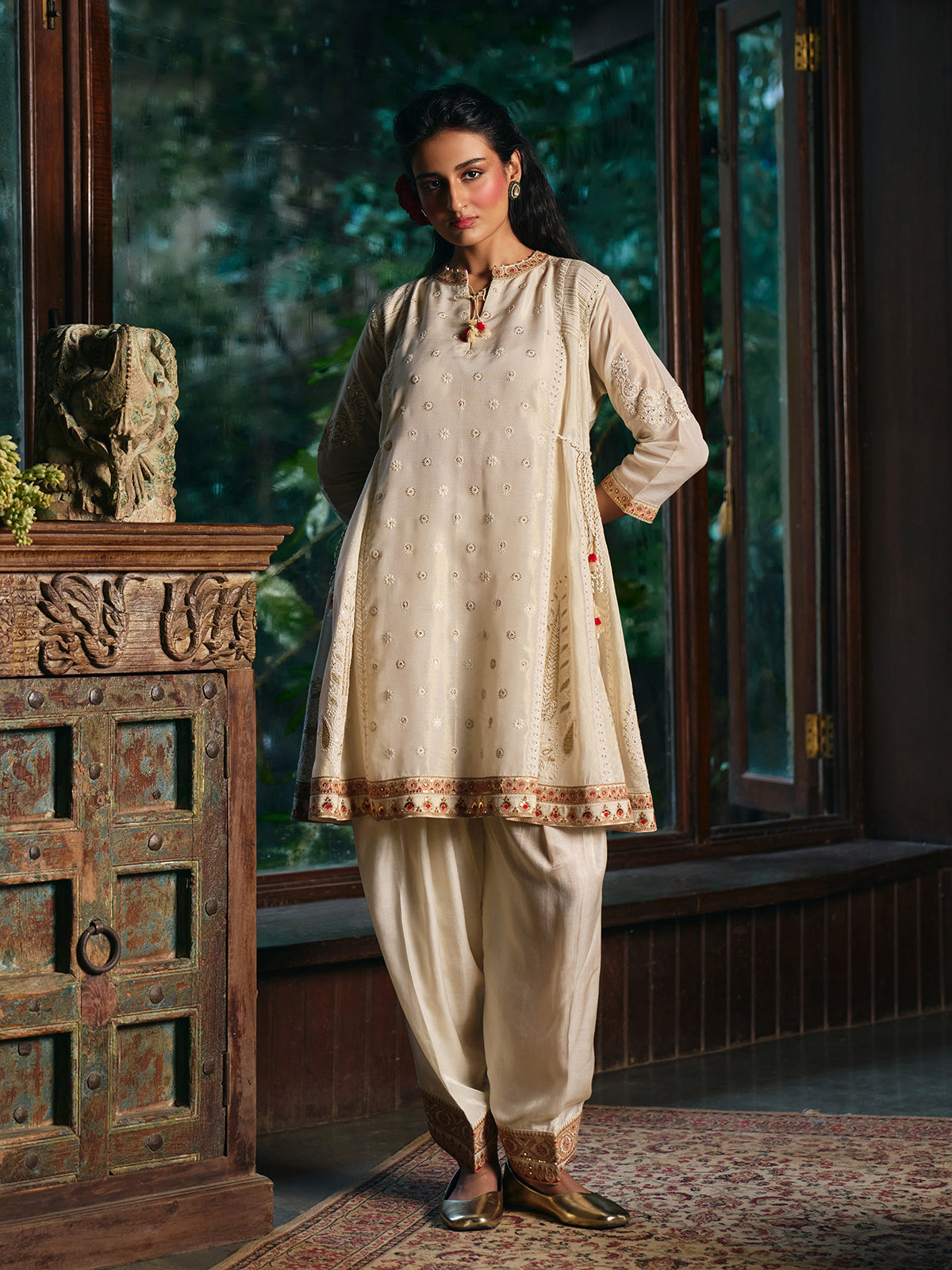 Ivory white womens salwar suit with paisley embroidery