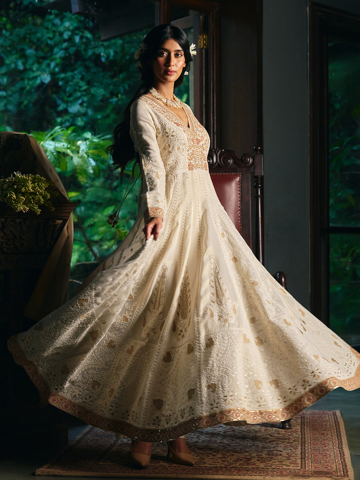 Off white womens floor length anarkali suit with dupatta
