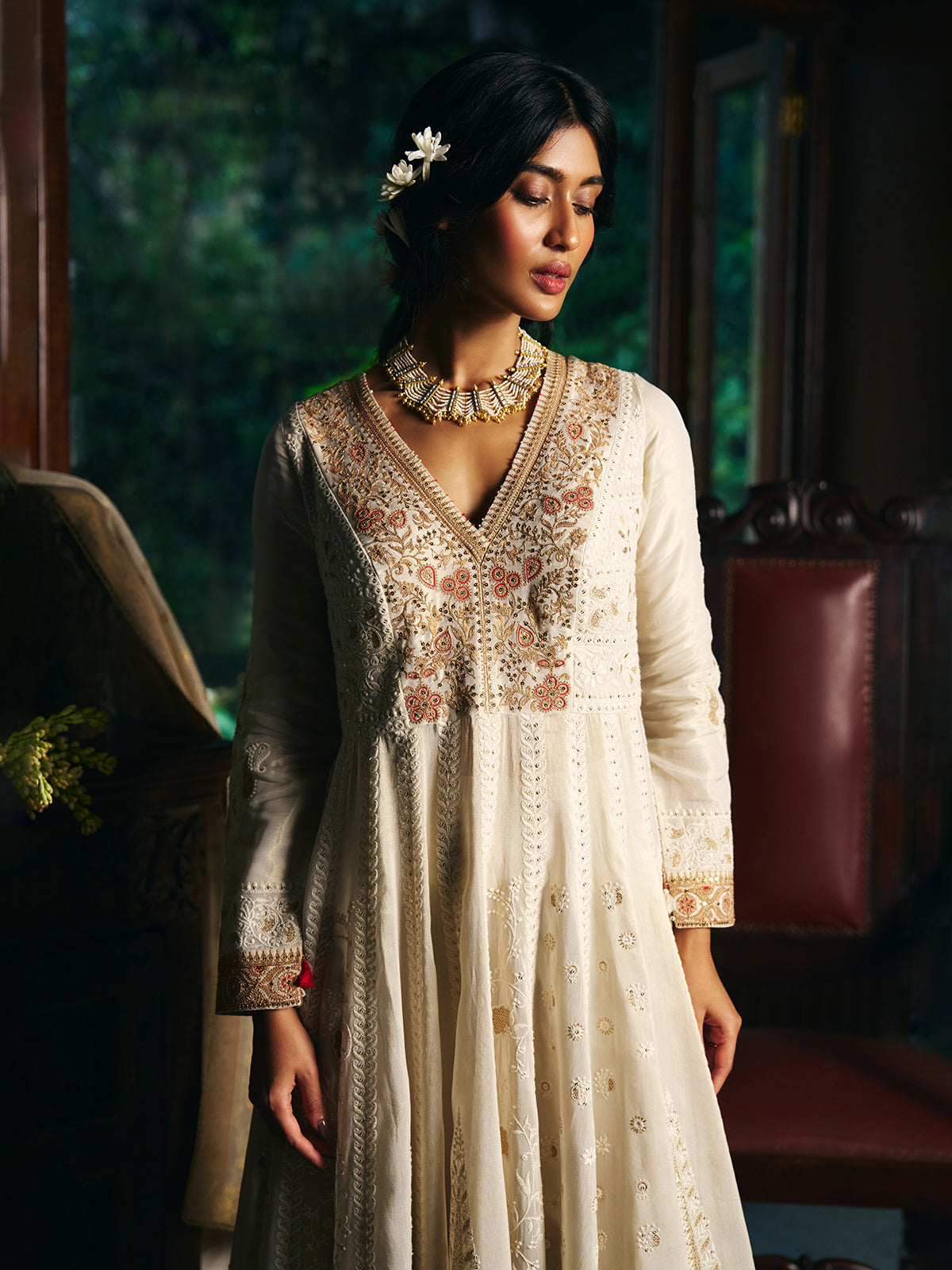 Off white womens floor length anarkali suit with dupatta