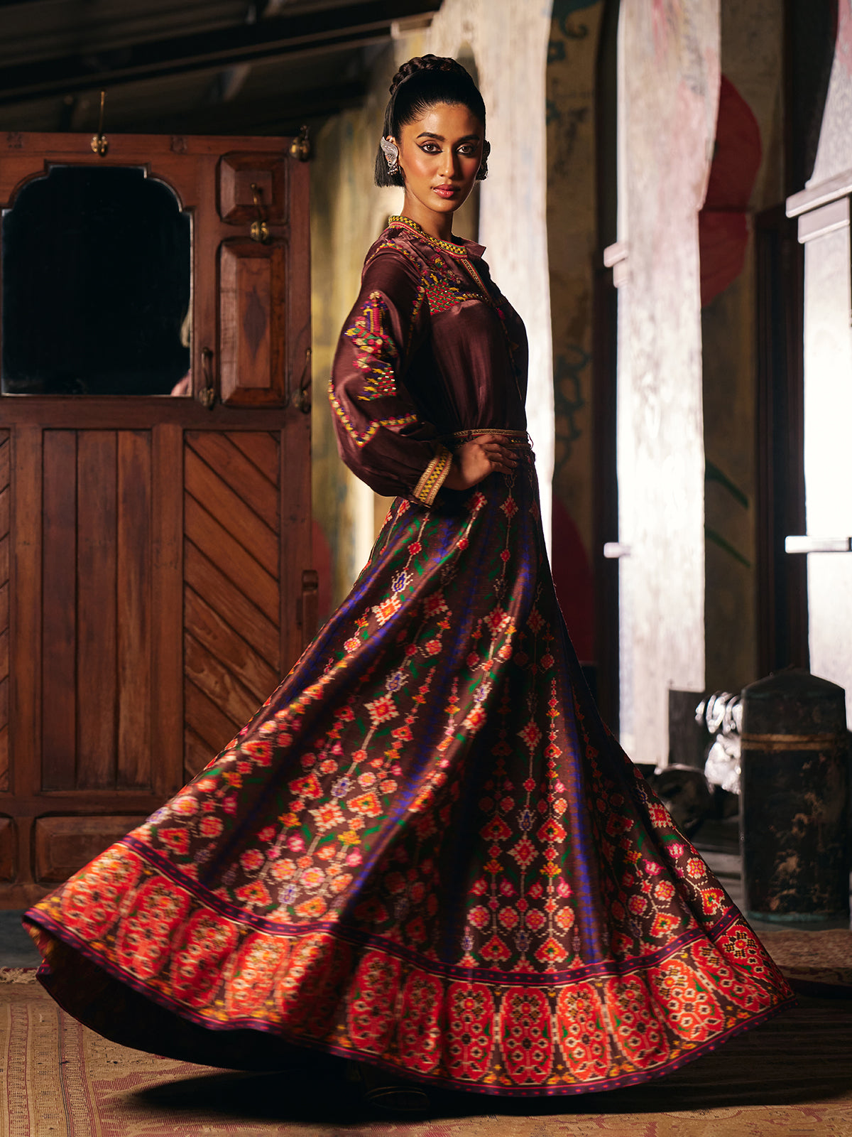 Brown womens floor length Patola suit with mirror embroidery