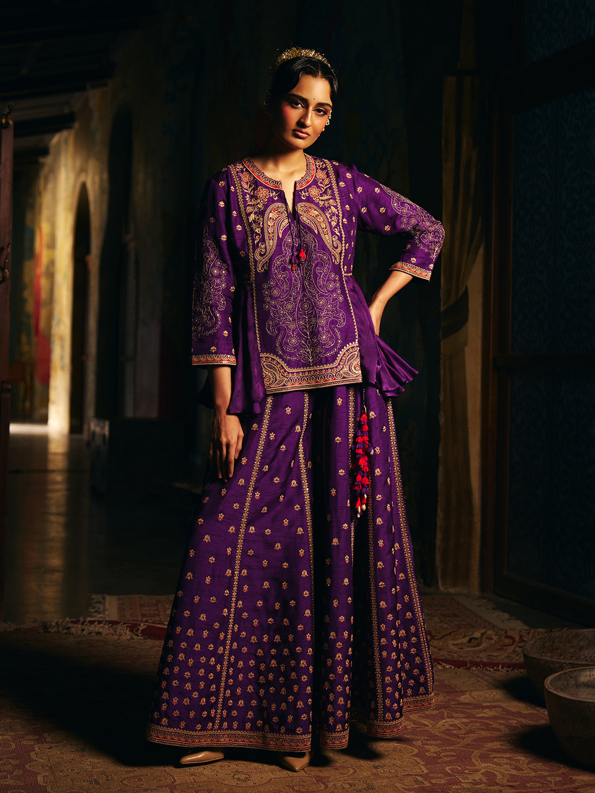 Purple womens palazzo suit with paisley embroidery