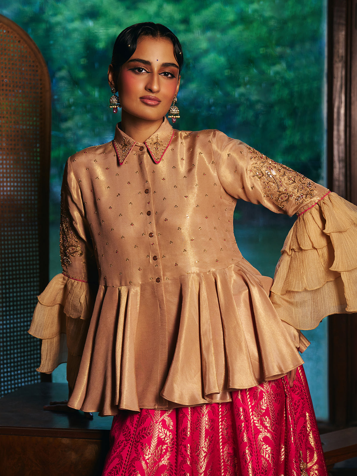 Pink beige womens banarasi brocade lehenga choli