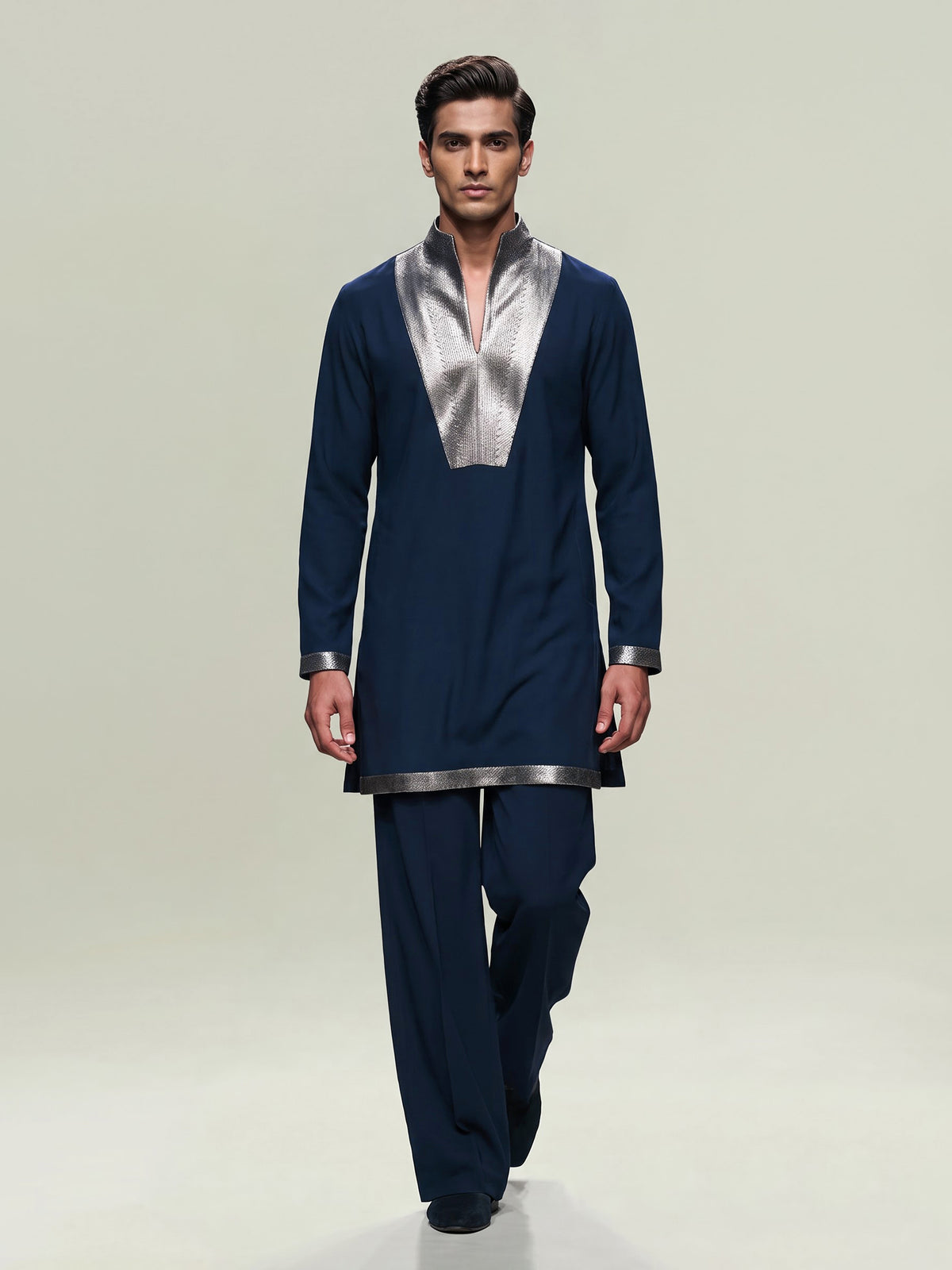 Rama blue metallic men wedding kurta suit