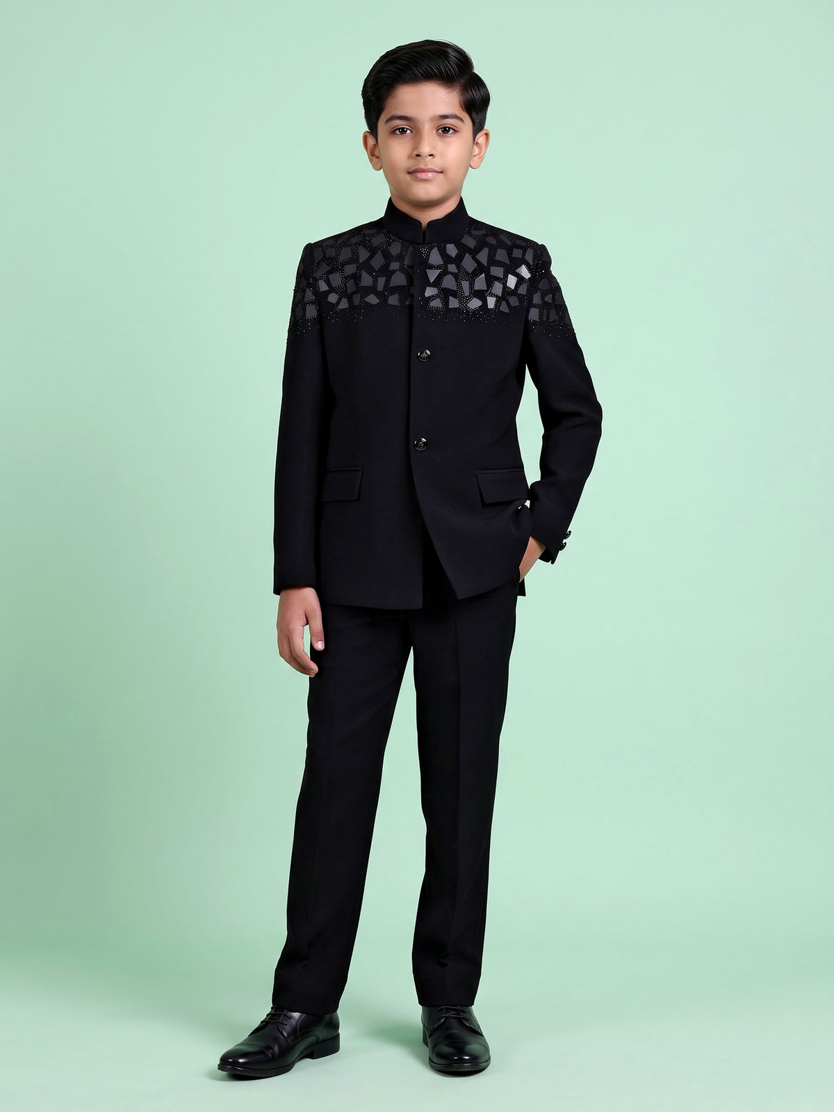 Black boys coat suit with geometric mosaic rhinestone detailing
