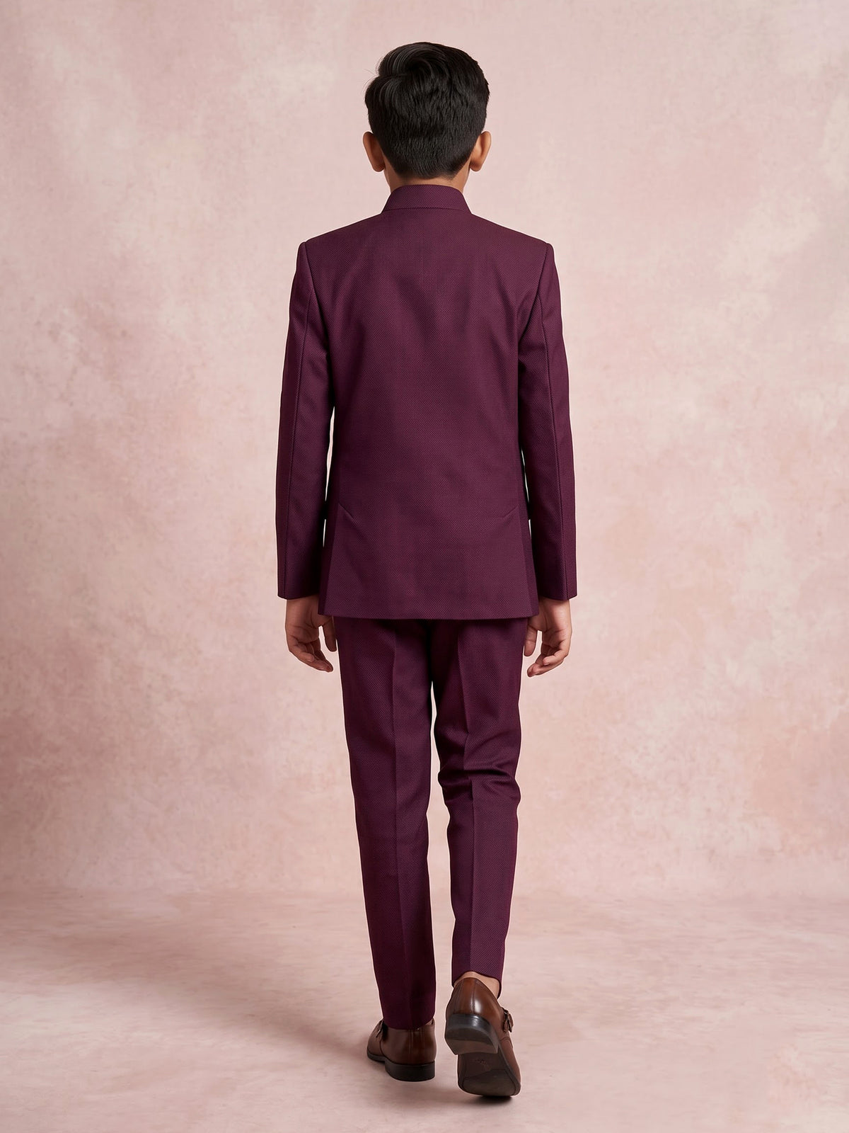 Wine boys jodhpuri suit with jacquard texture and metallic brooch