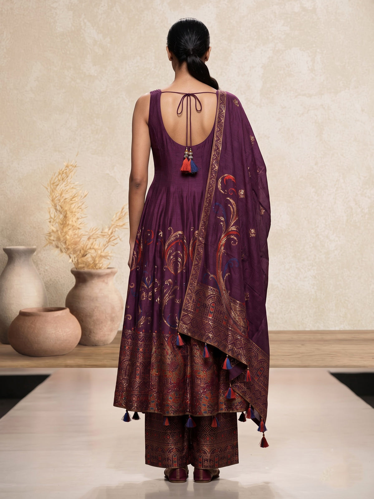 Purple silk anarkali suit with zardosi and pearl embellished details