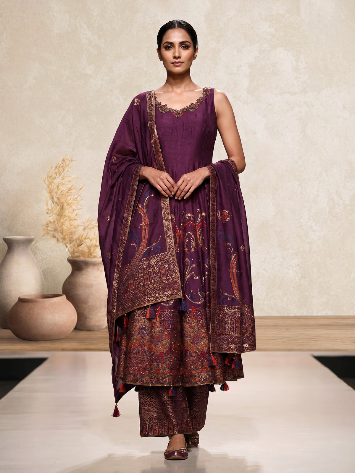 Purple silk anarkali suit with zardosi and pearl embellished details
