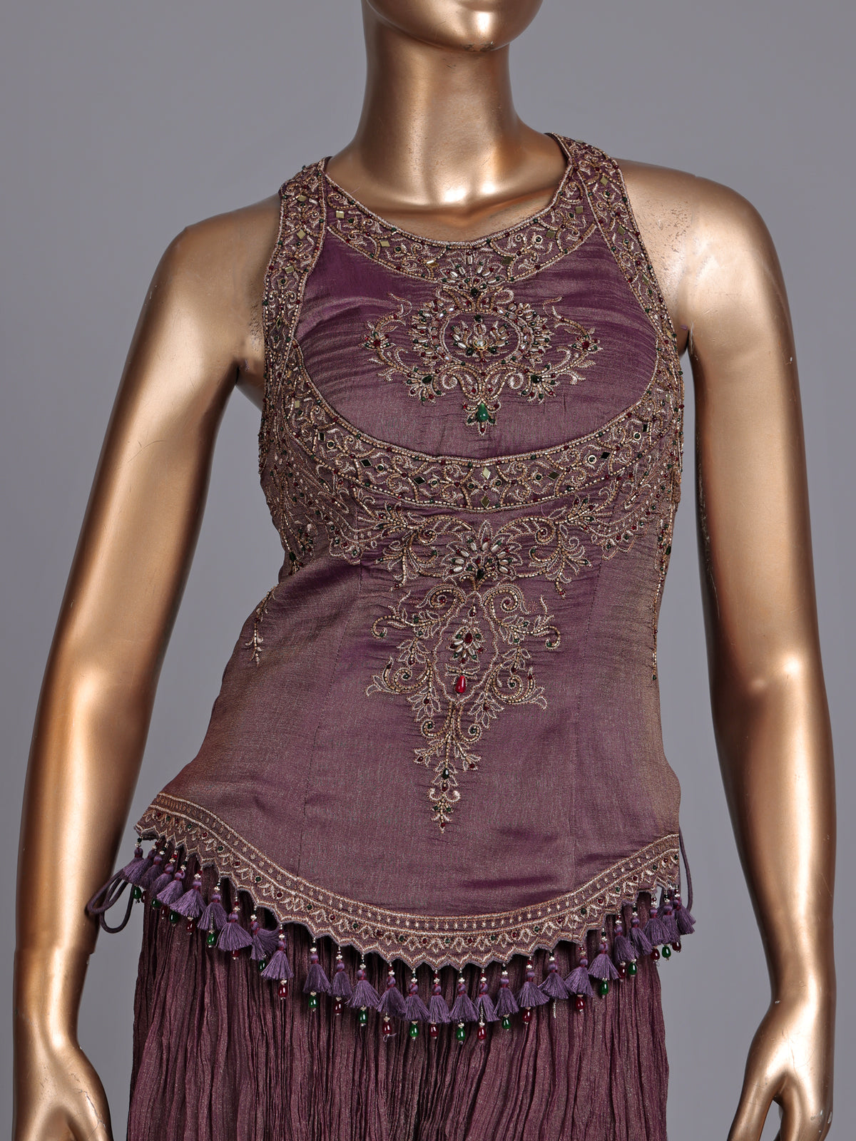 Purple chiffon silk designer suit with mirror and resham detailing