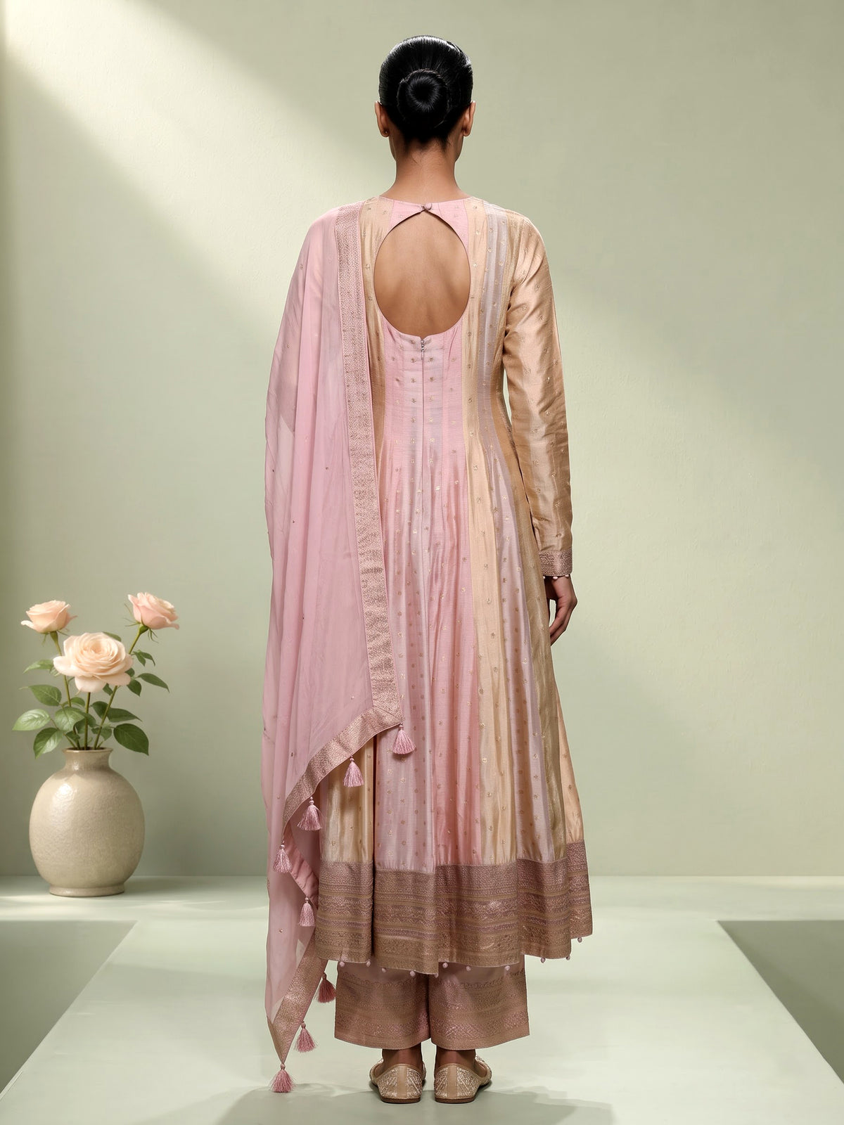 Pink silk anarkali suit with zardosi and diamond embellishments