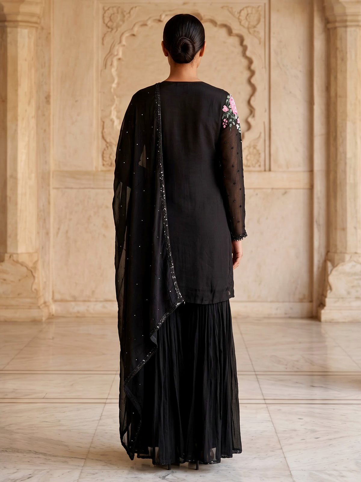 Black tissue silk sharara suit with cutdana and tassel detailing
