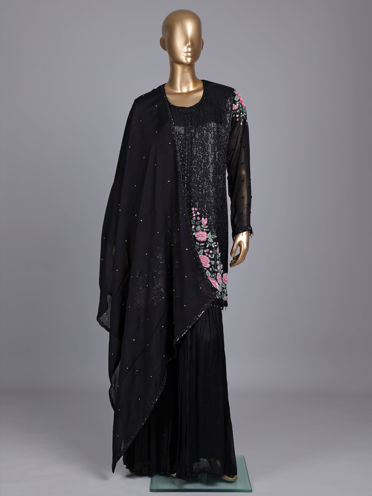 Black tissue silk sharara suit with cutdana and tassel detailing
