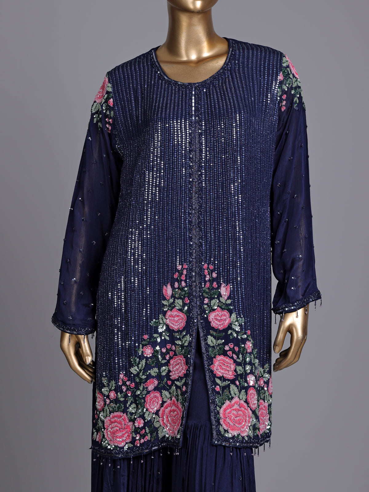 Navy tissue silk sharara suit with sequins and tassel detailing