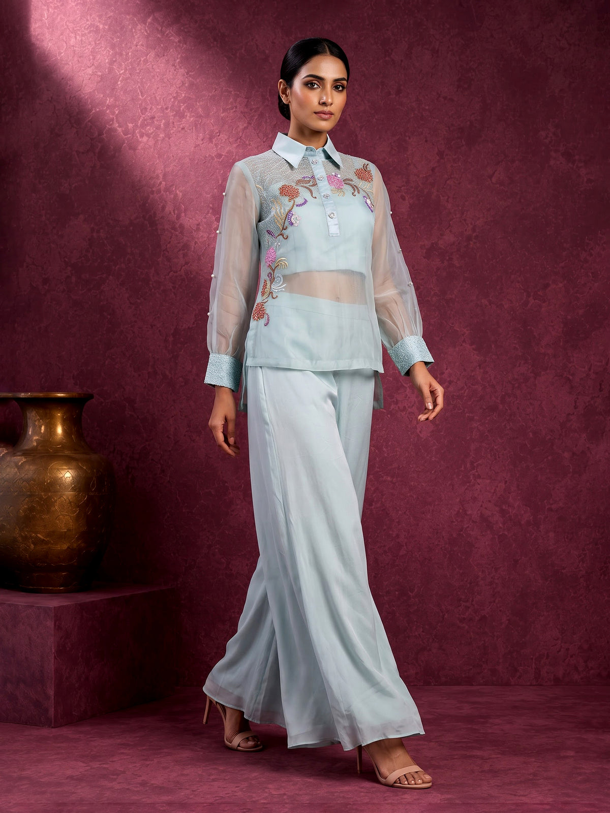 Mint blue organza and satin silk designer palazzo suit with cutdana