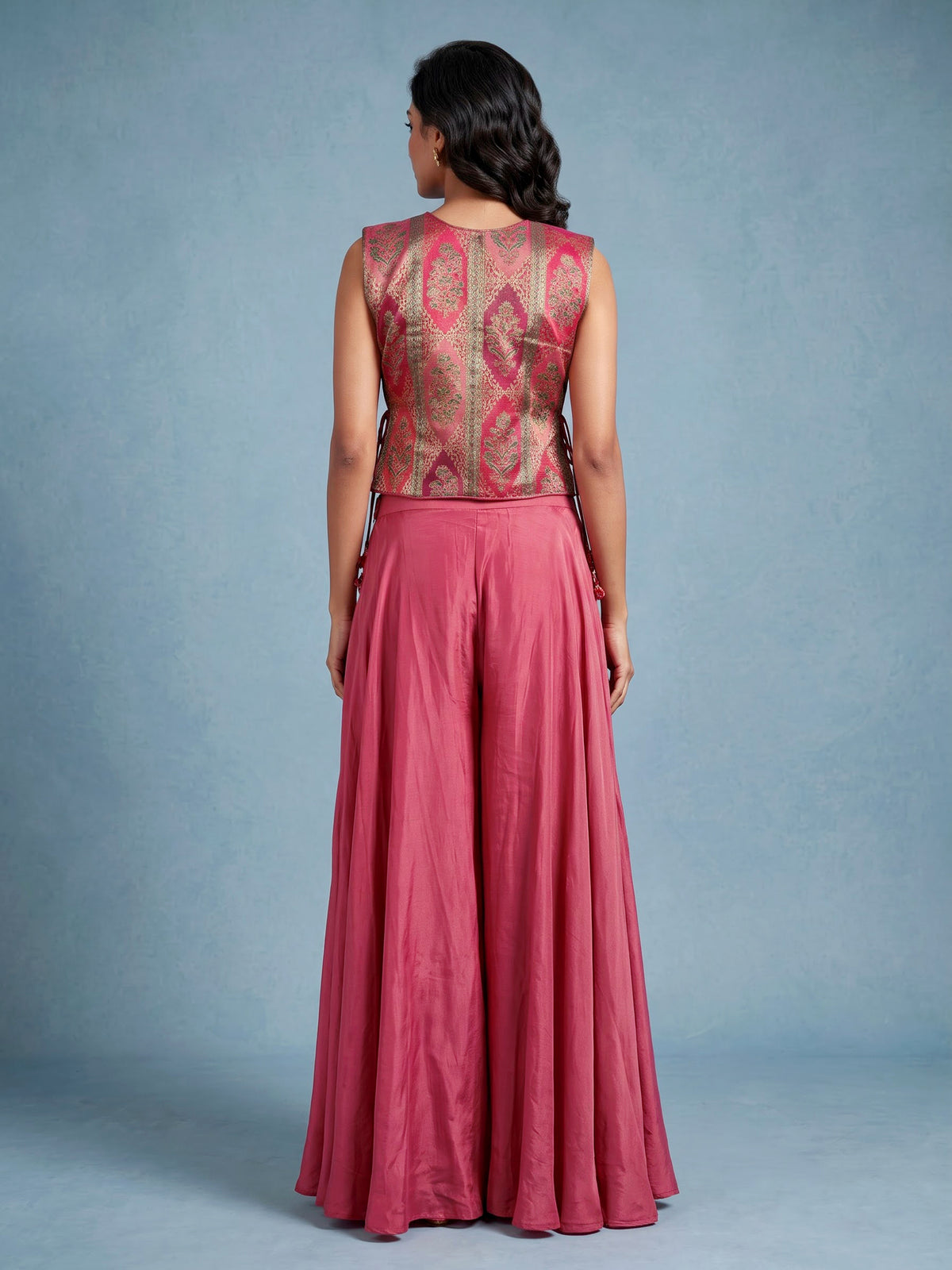 Pink satin silk designer three piece palazzo suit with colourful motifs