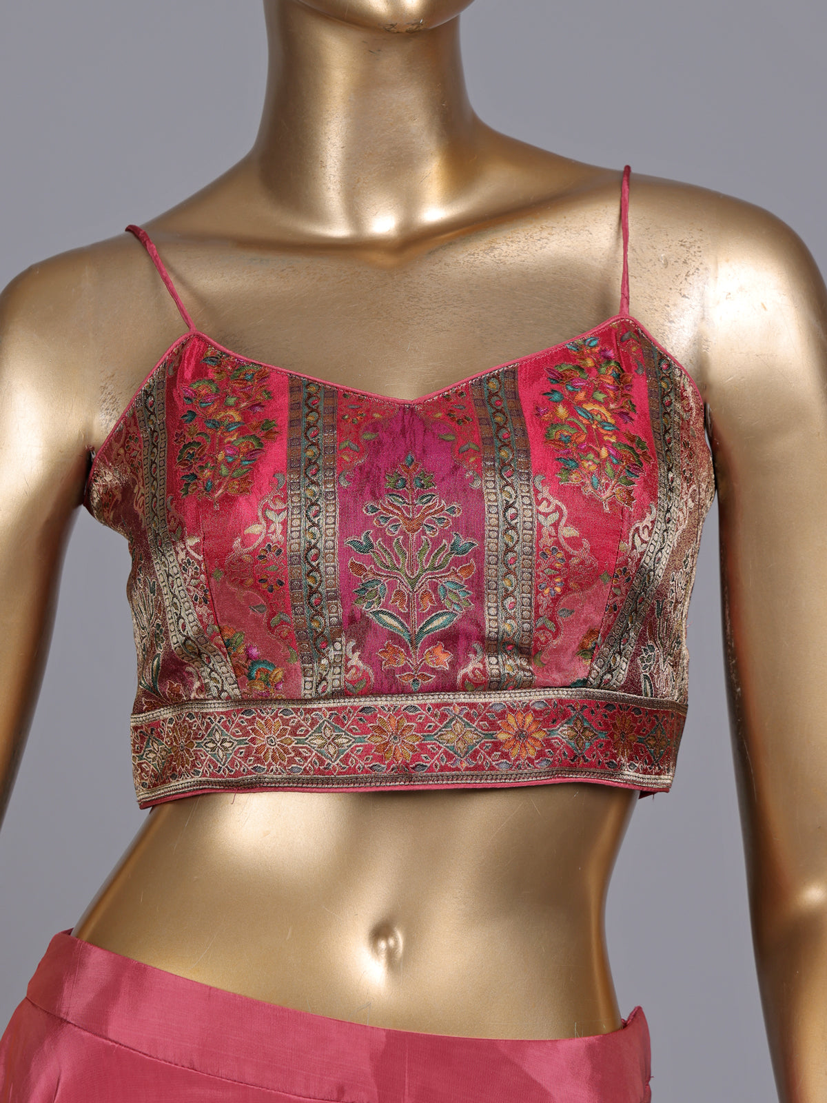 Pink satin silk designer three piece palazzo suit with colourful motifs