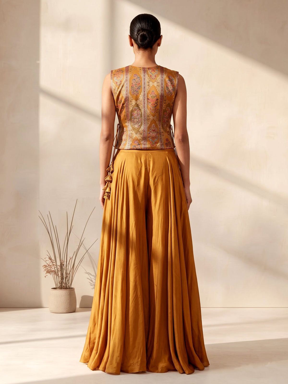 Mustard yellow satin silk designer three piece palazzo suit with zardosi