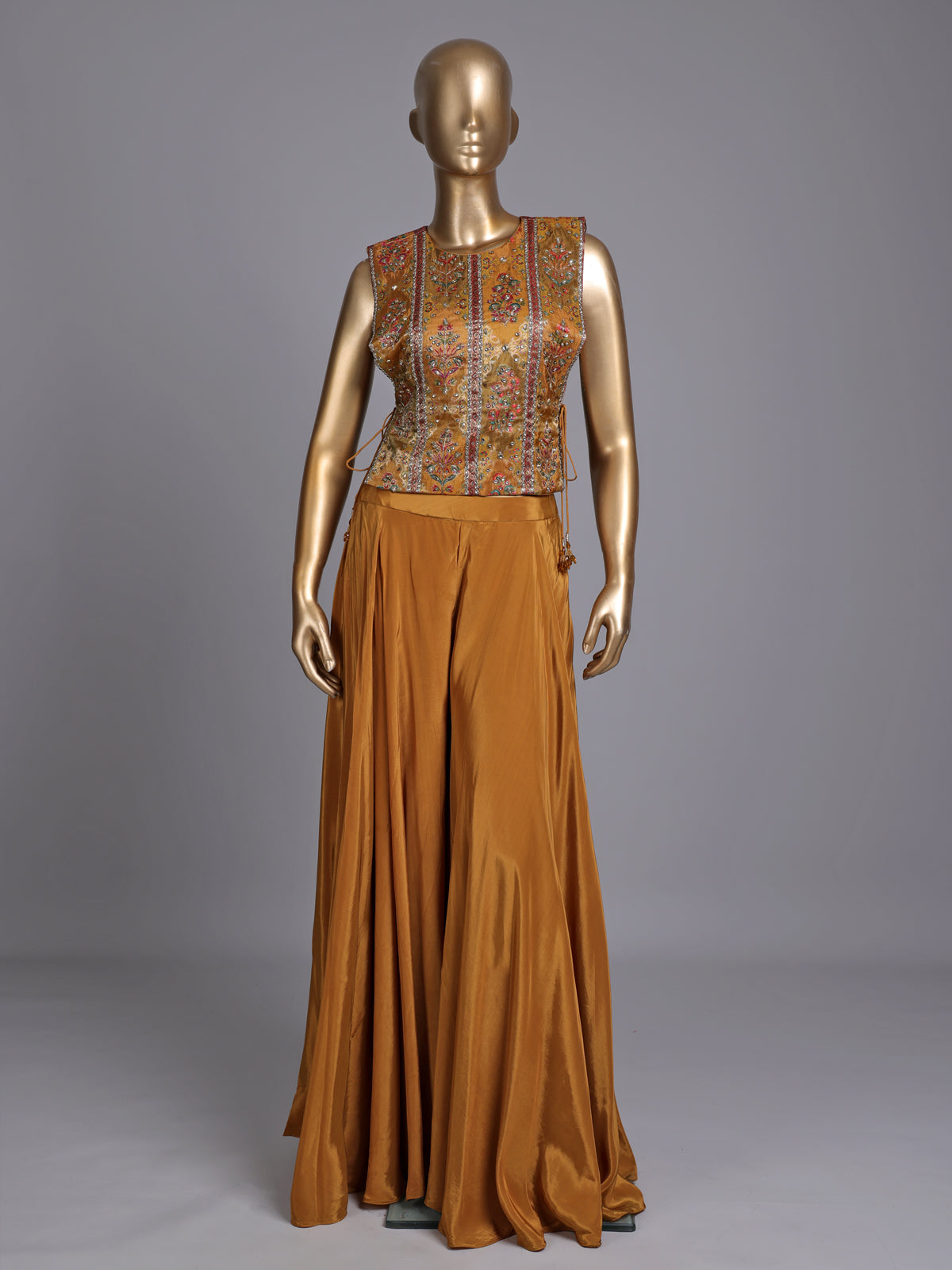 Mustard yellow satin silk designer three piece palazzo suit with zardosi