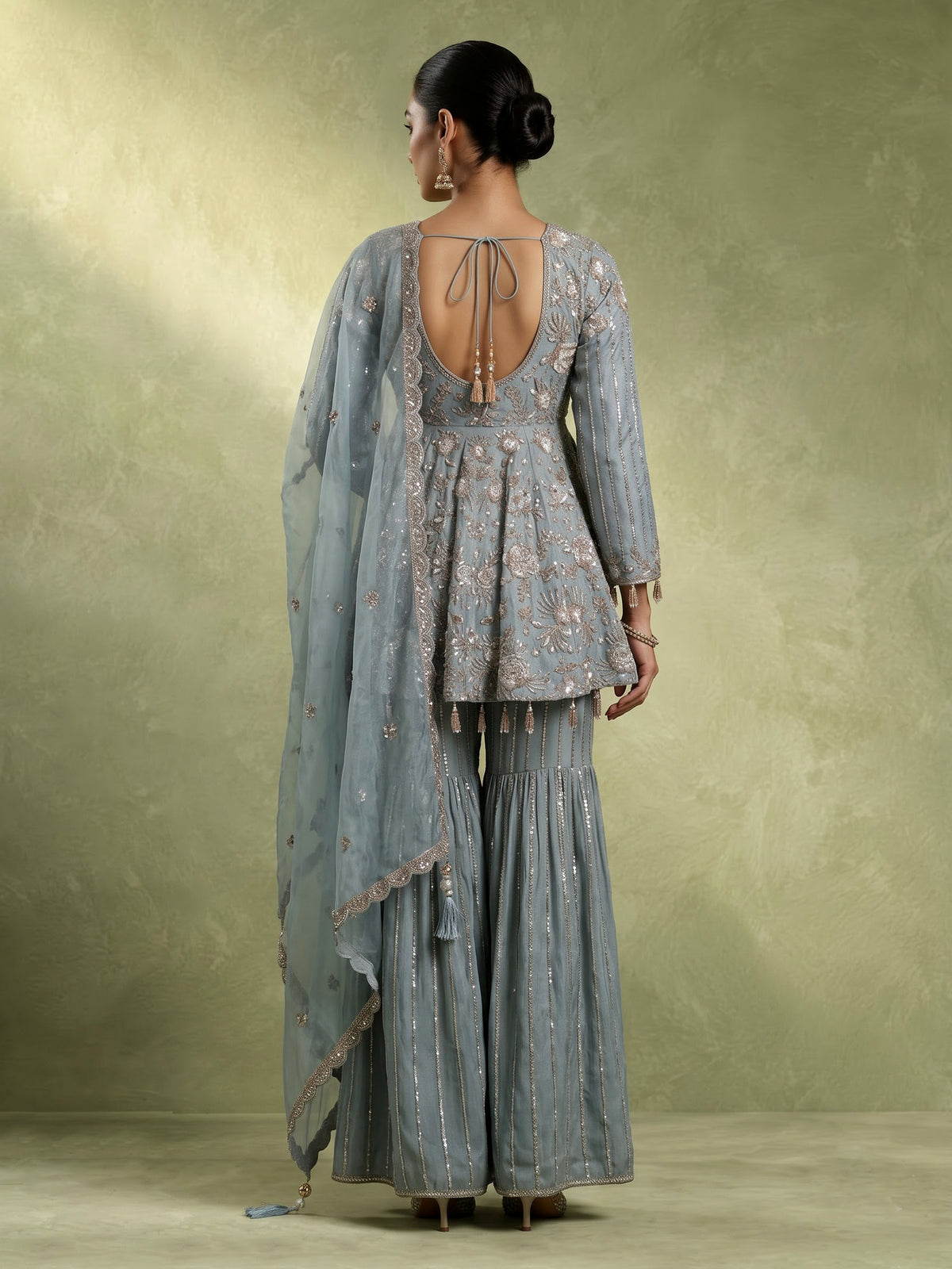 Mint blue tissue silk palazzo suit with cutdana and sequins