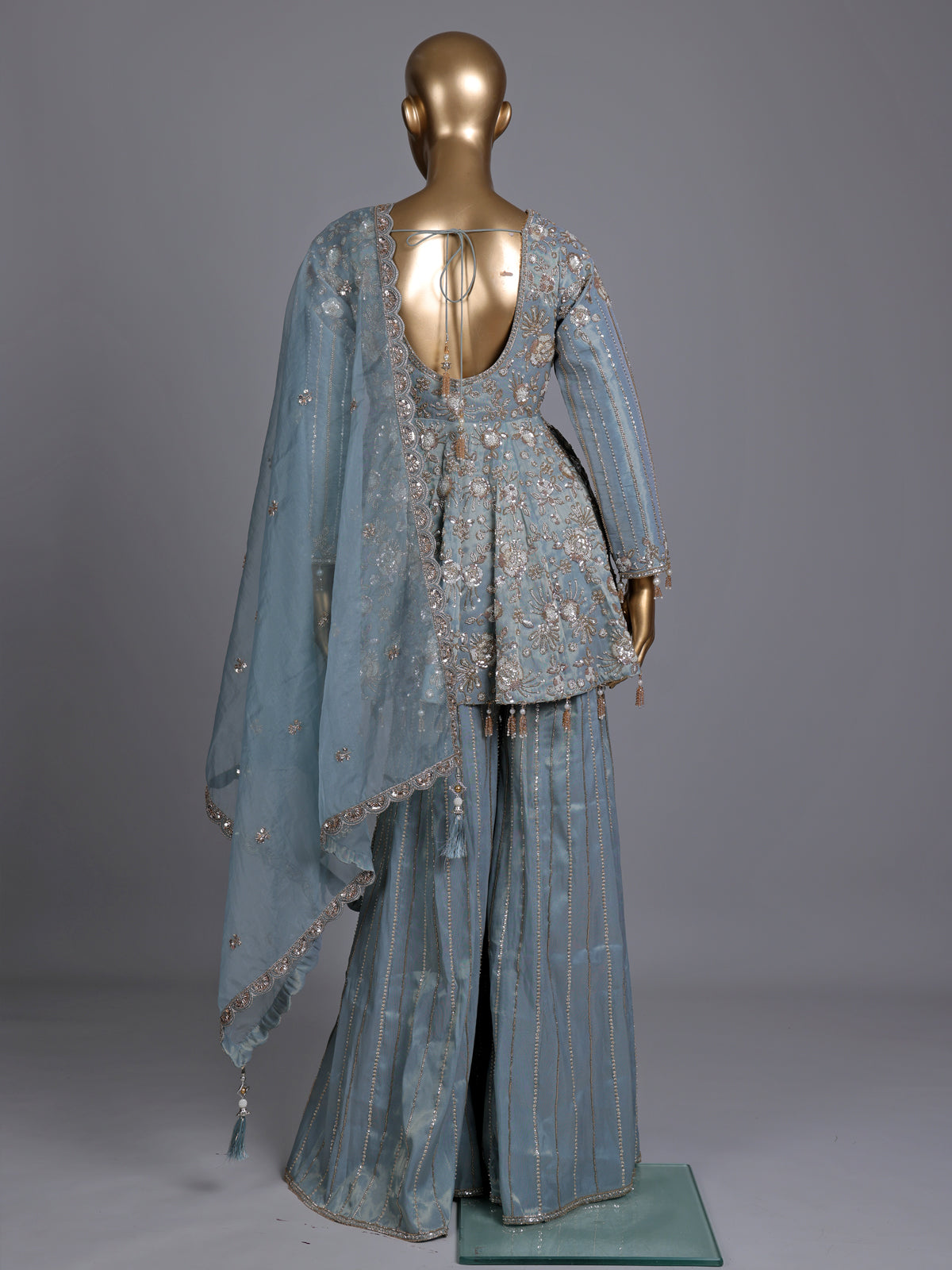 Mint blue tissue silk palazzo suit with cutdana and sequins