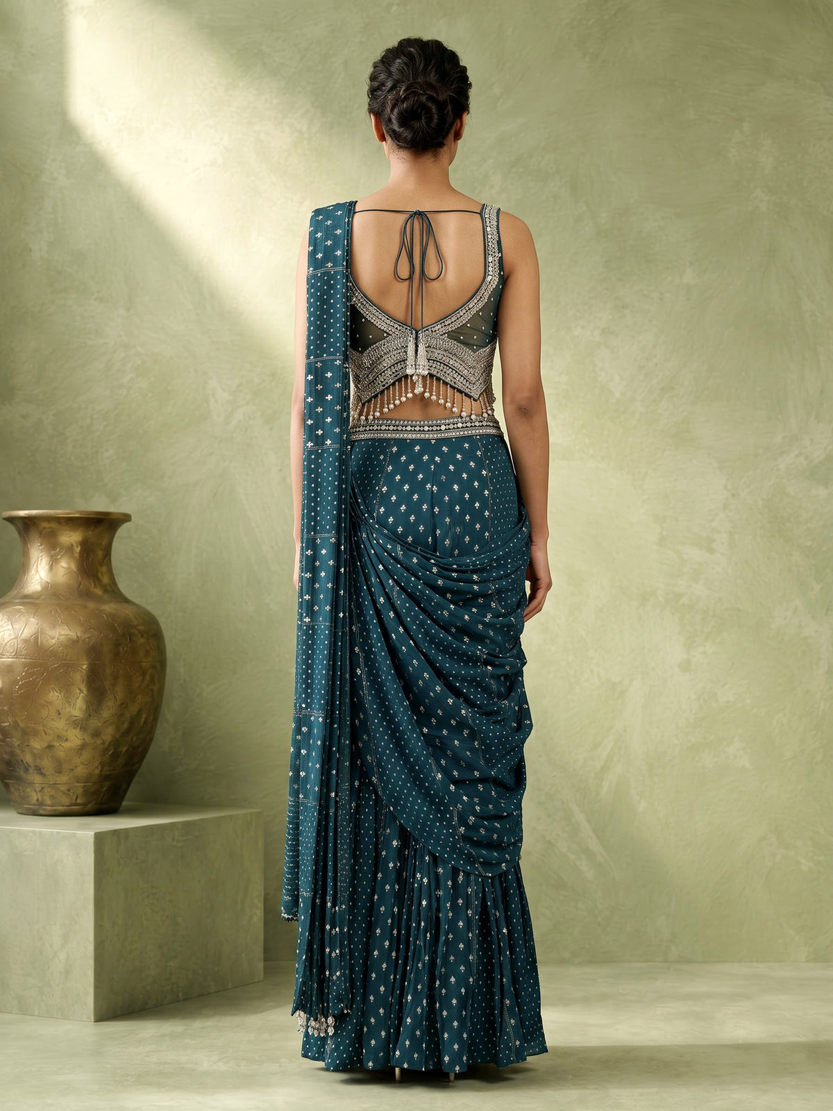 Peacock green soft georgette sharara suit with stone embellishments