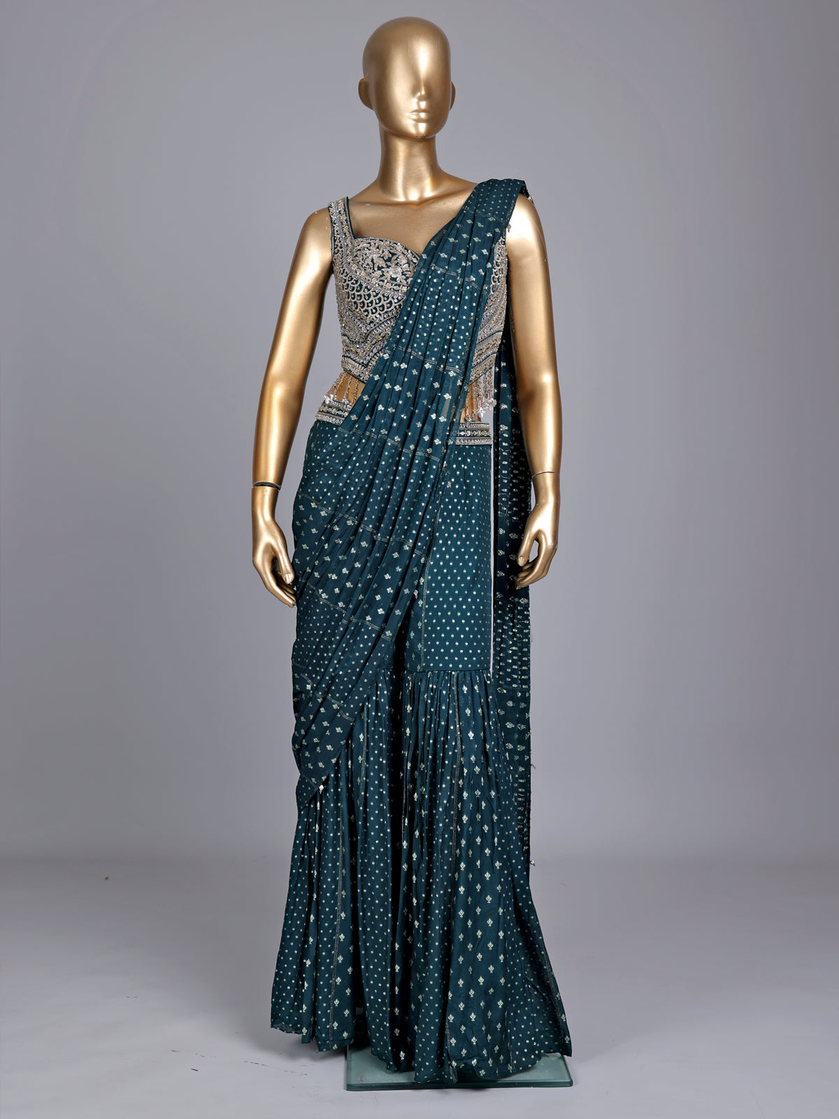 Peacock green soft georgette sharara suit with stone embellishments