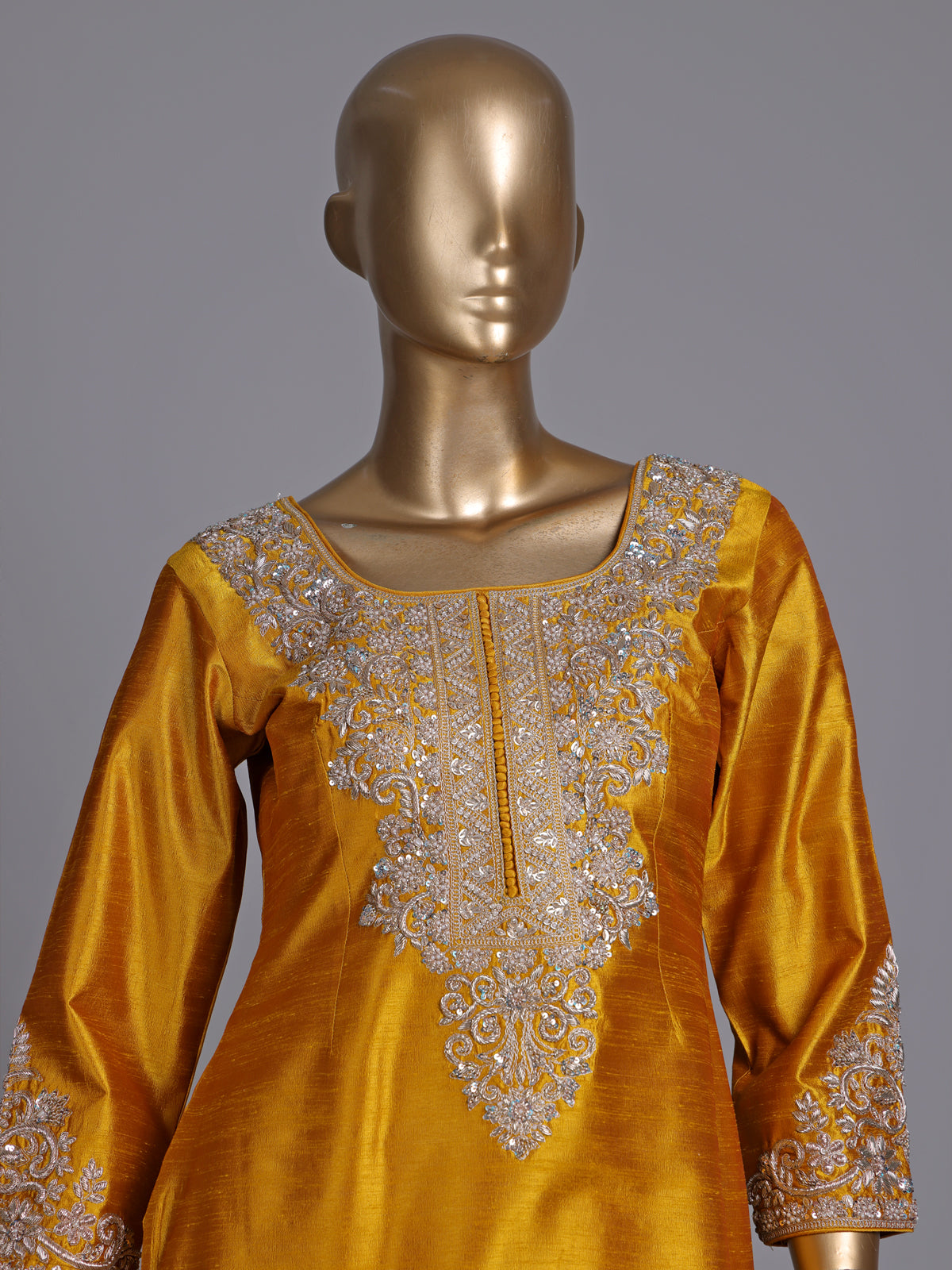 Mustard yellow raw silk punjabi suit with zari dupatta detailing