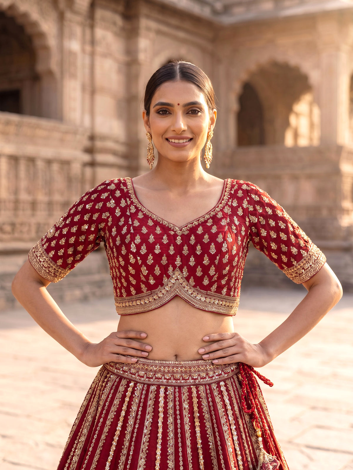 Maroon raw silk bridal lehenga choli with zardosi detailing