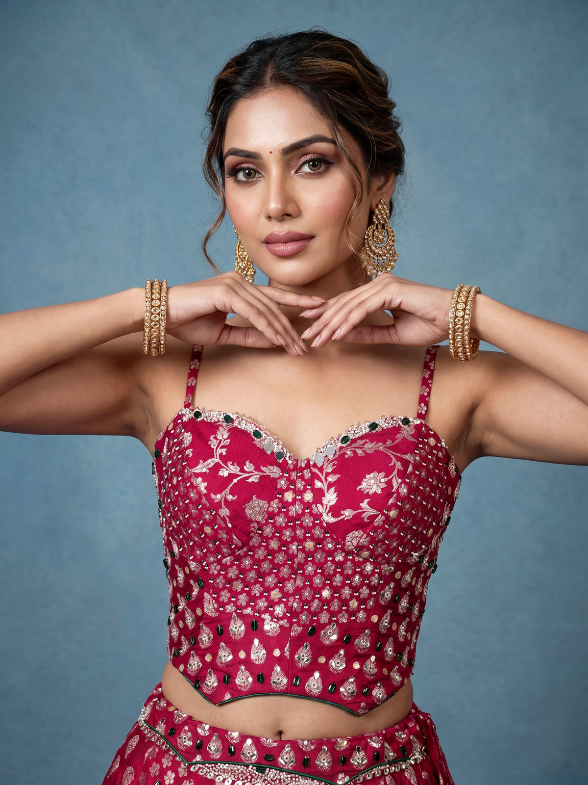 Maroon banarasi silk lehenga choli with embellished dupatta