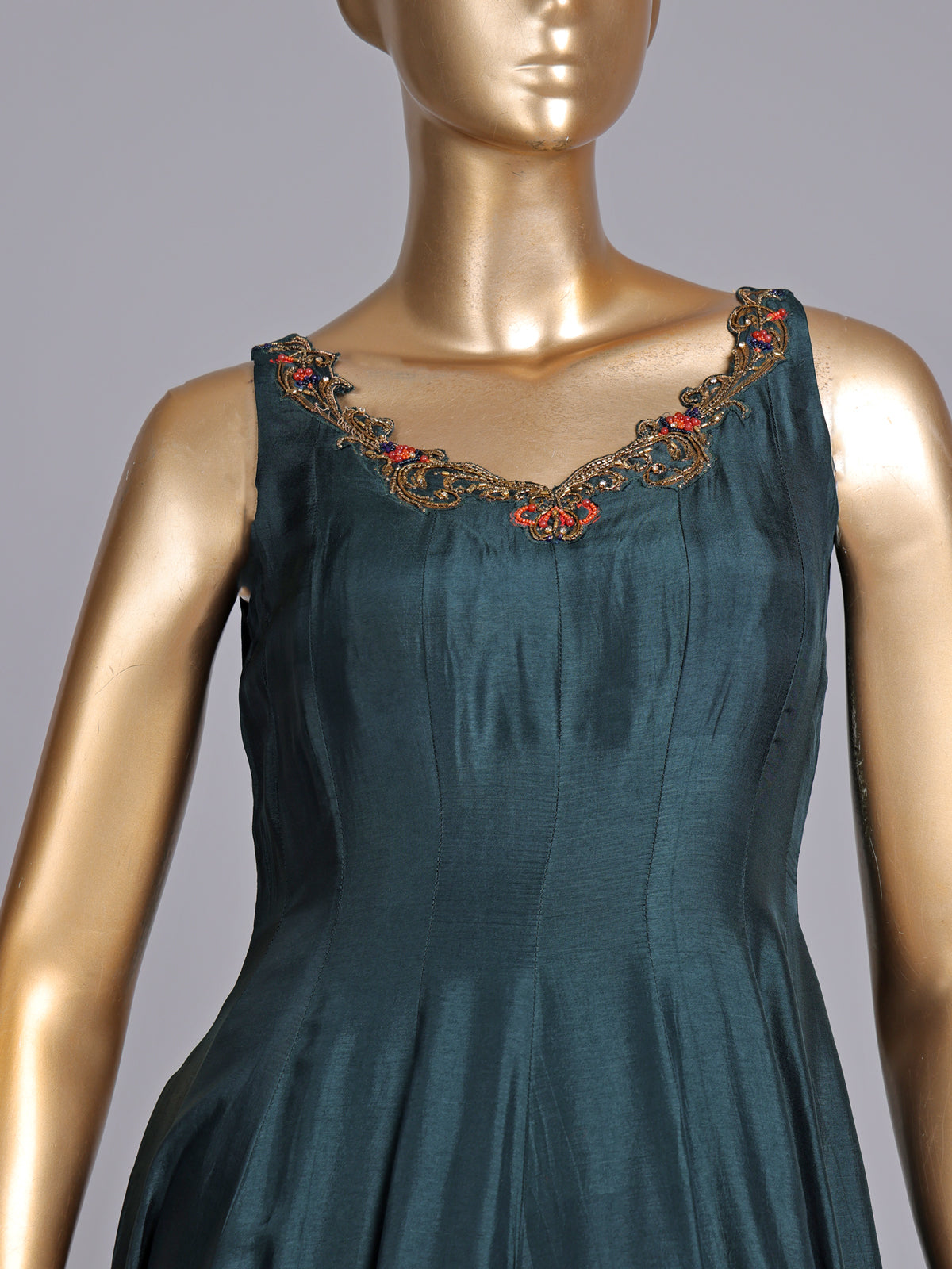 Peacock green silk anarkali suit with embellished dupatta