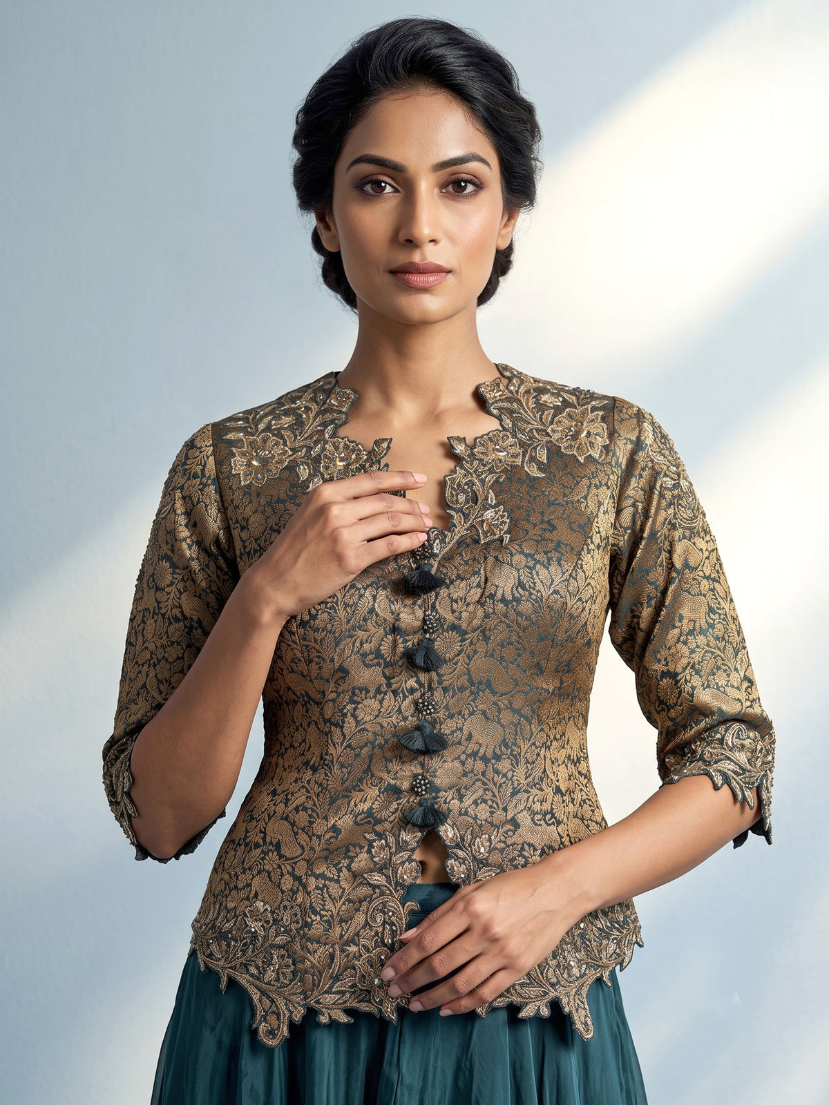 Peacock green banarasi top salwar suit with satin palazzo