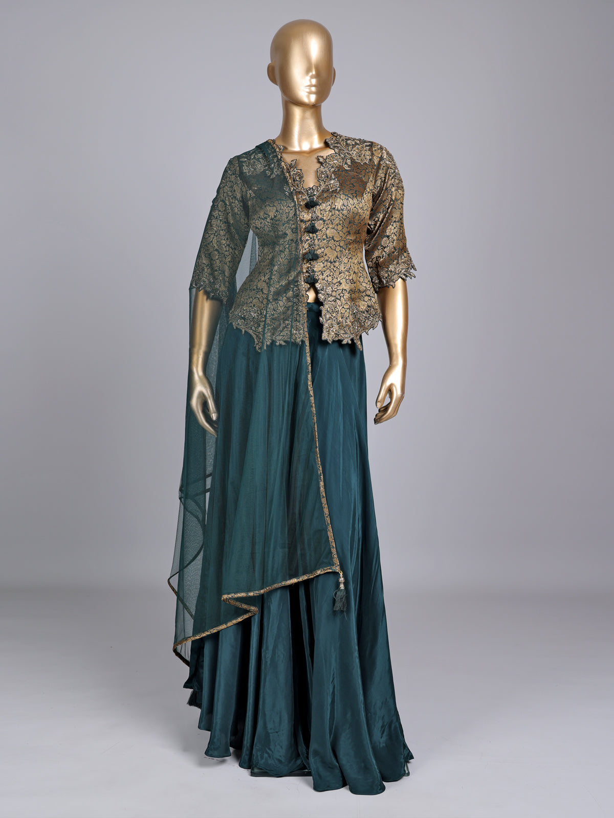 Peacock green banarasi top salwar suit with satin palazzo