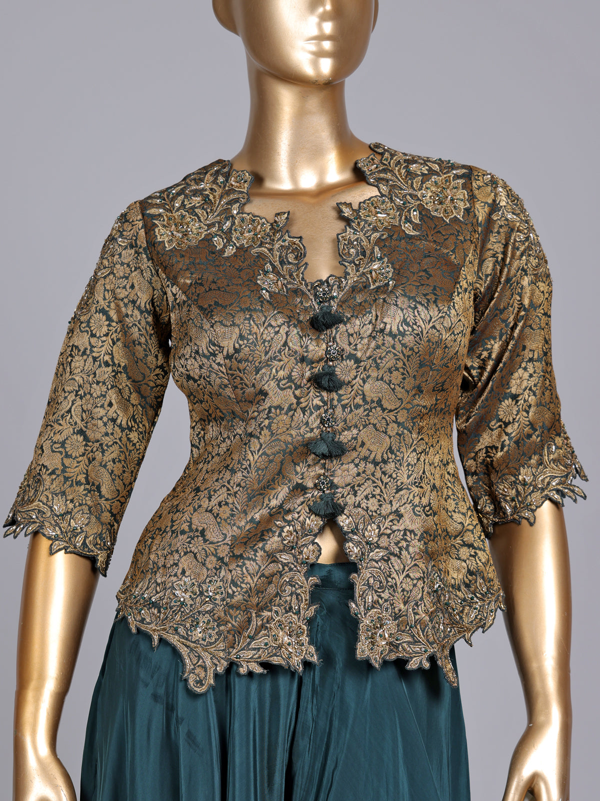 Peacock green banarasi top salwar suit with satin palazzo