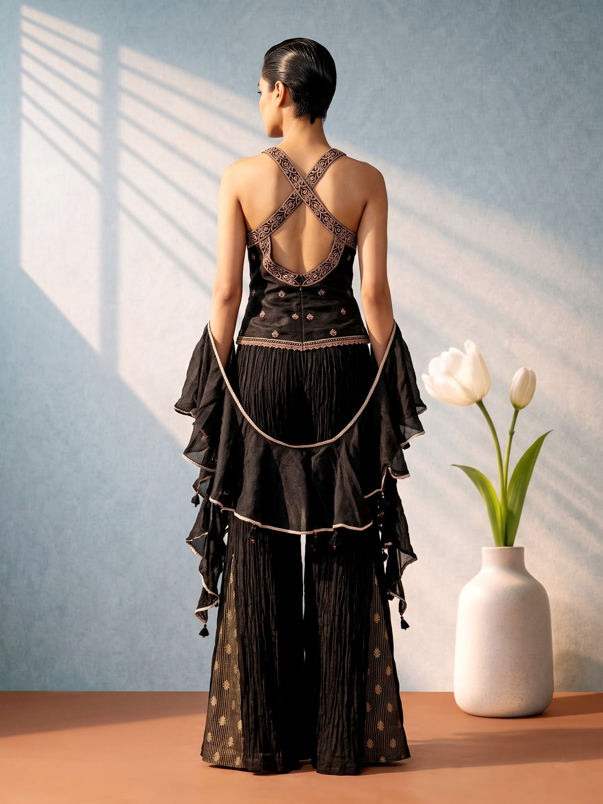Black silk salwar suit with ruffle dupatta and palazzo