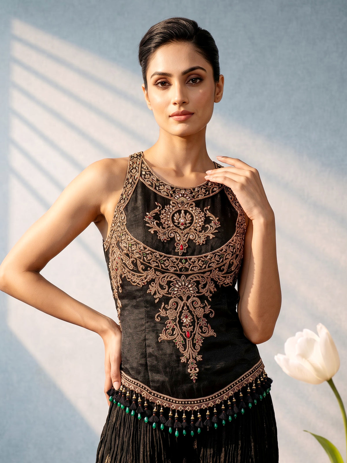 Black silk salwar suit with ruffle dupatta and palazzo