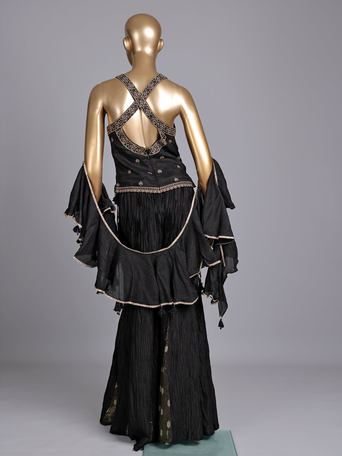 Black silk salwar suit with ruffle dupatta and palazzo