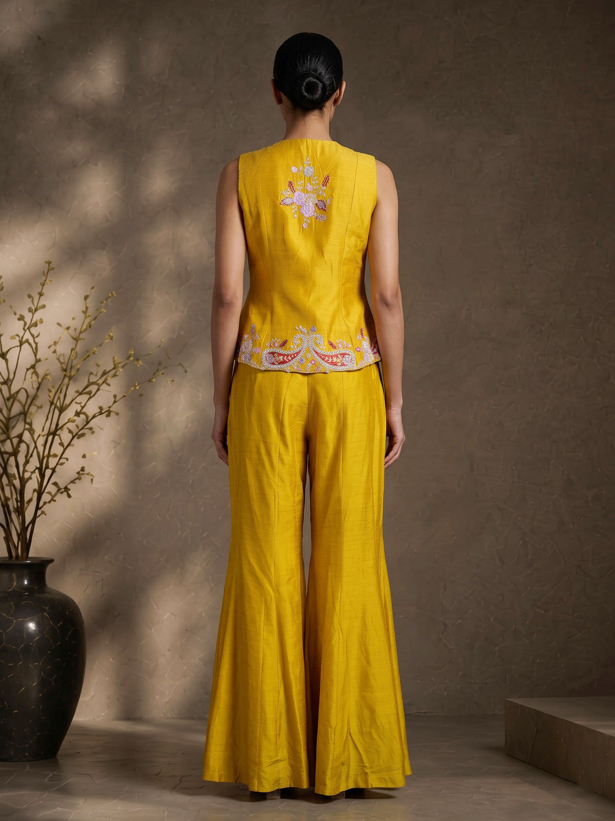 Mustard yellow designer raw silk palazzo suit