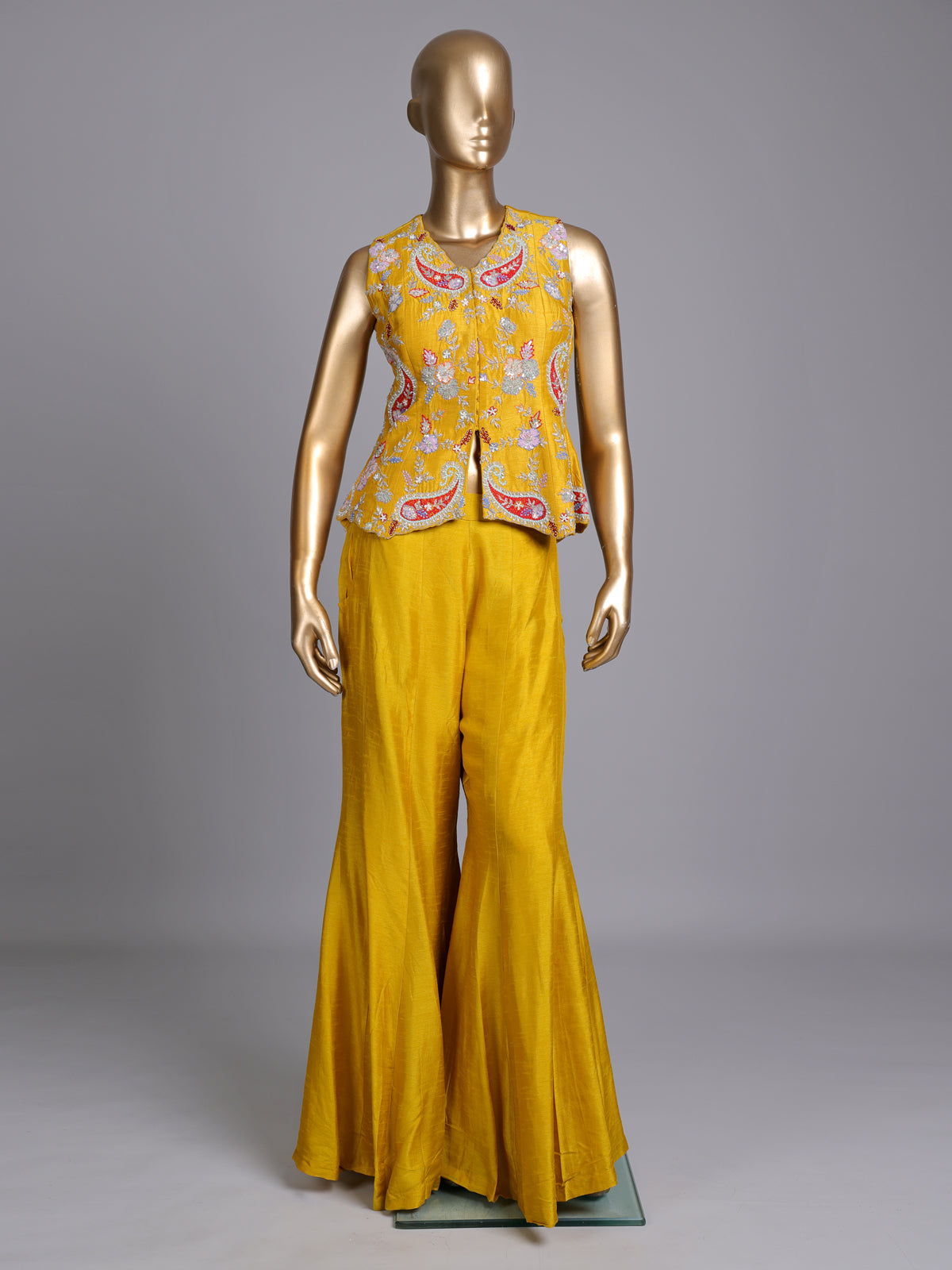 Mustard yellow designer raw silk palazzo suit