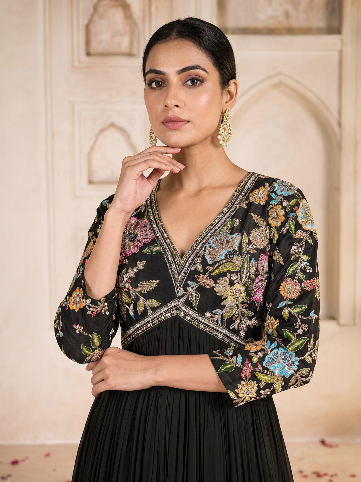 Black georgette anarkali suit with embellished dupatta