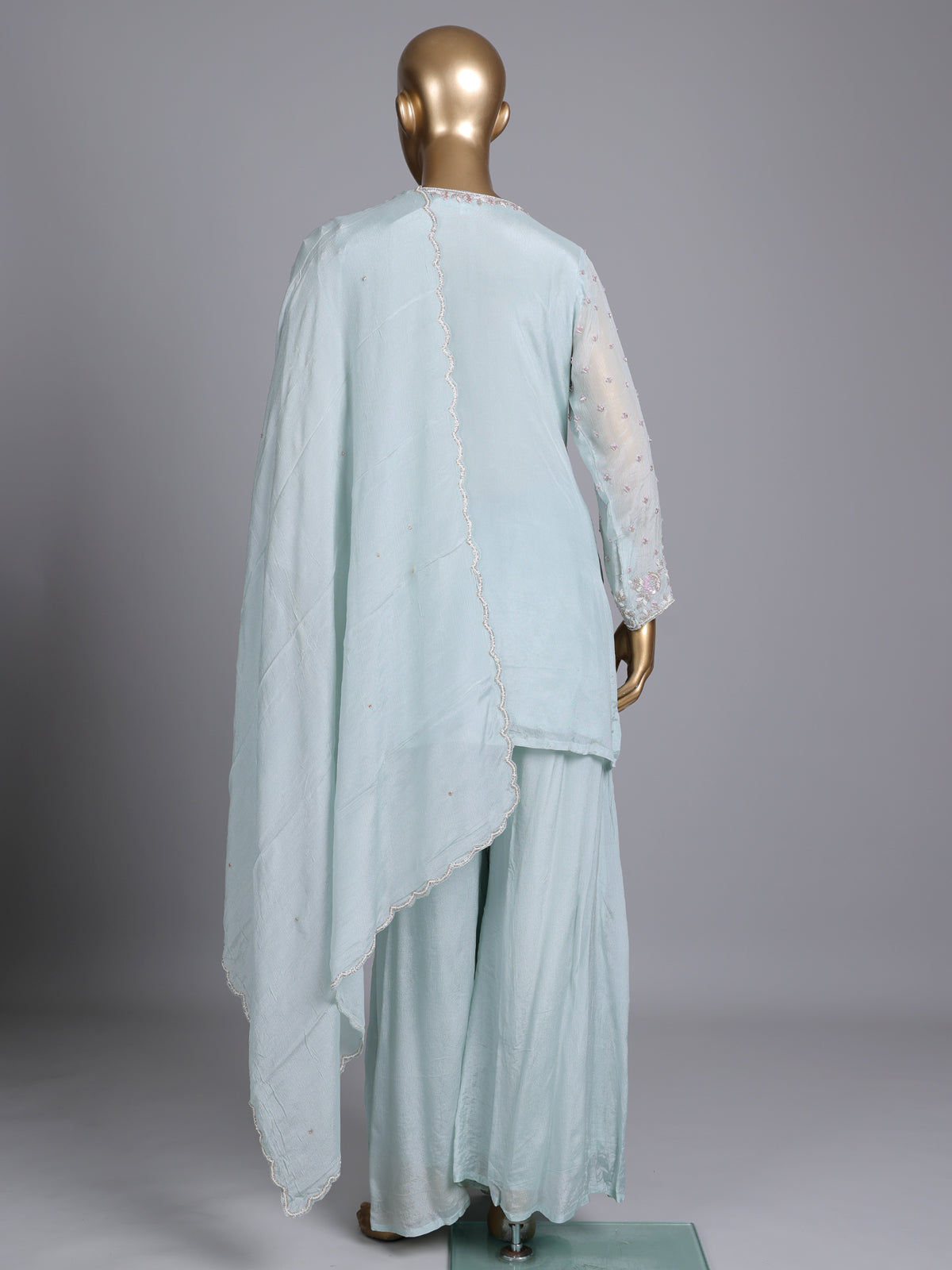 Mint blue silk pakistani palazzo suit with embellished dupatta
