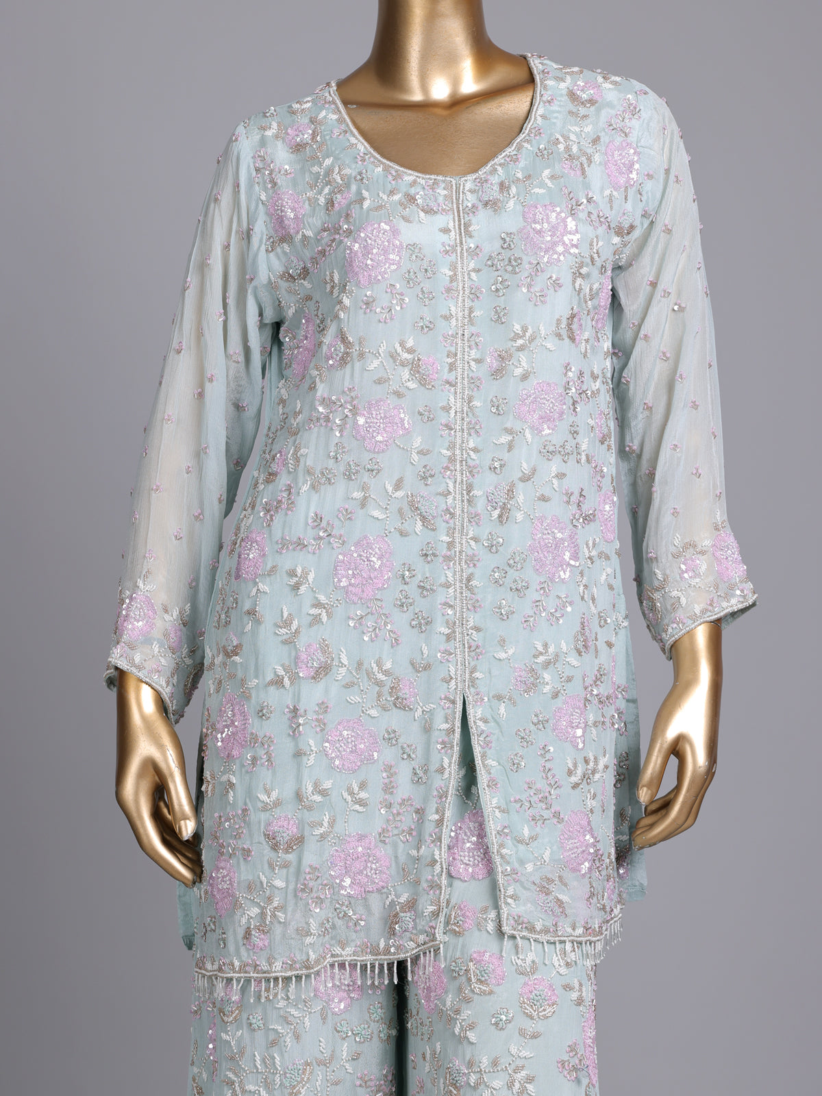 Mint blue silk pakistani palazzo suit with embellished dupatta