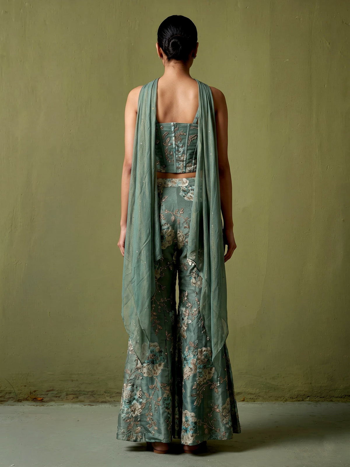 Pastel pista green designer silk palazzo suit with floral dupatta