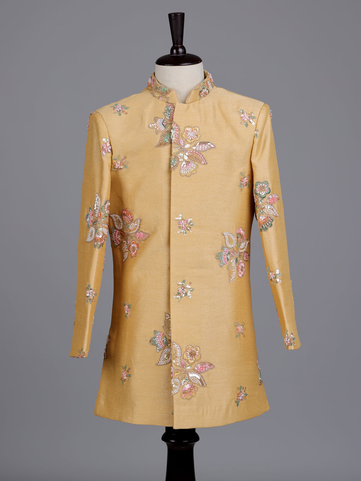 Beige silk boys indowestern set with intricate resham embellishments
