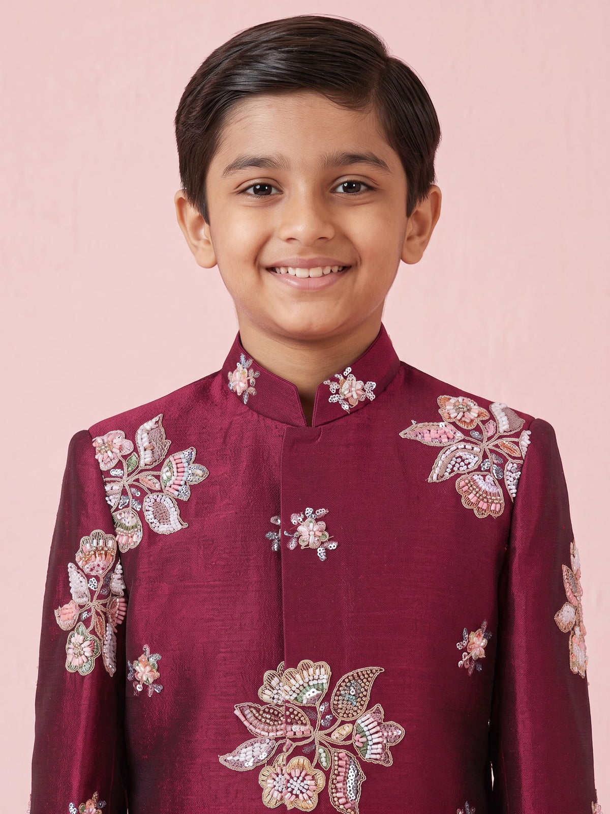 Maroon silk boys indowestern set with resham and cutdana work