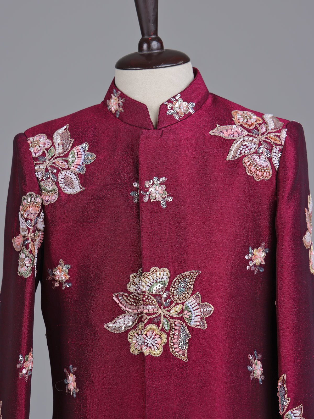 Maroon silk boys indowestern set with resham and cutdana work