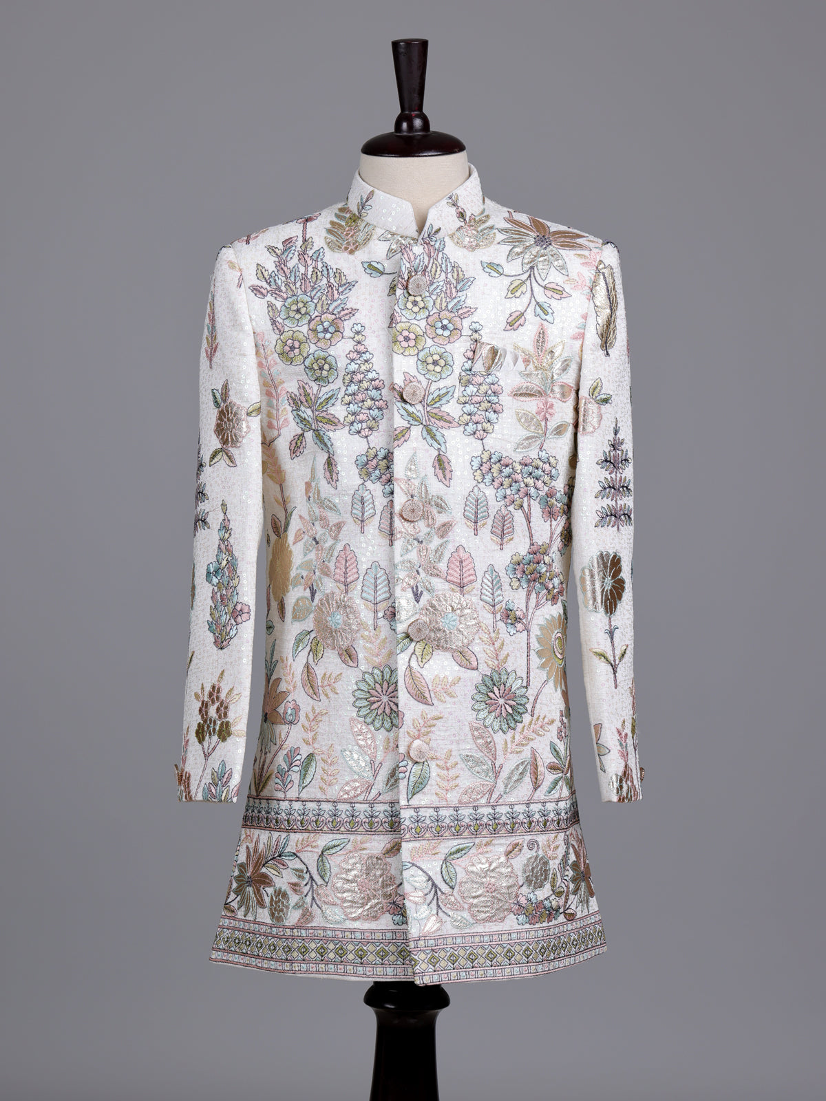 White cotton silk boys indowestern set with embroidery and gota