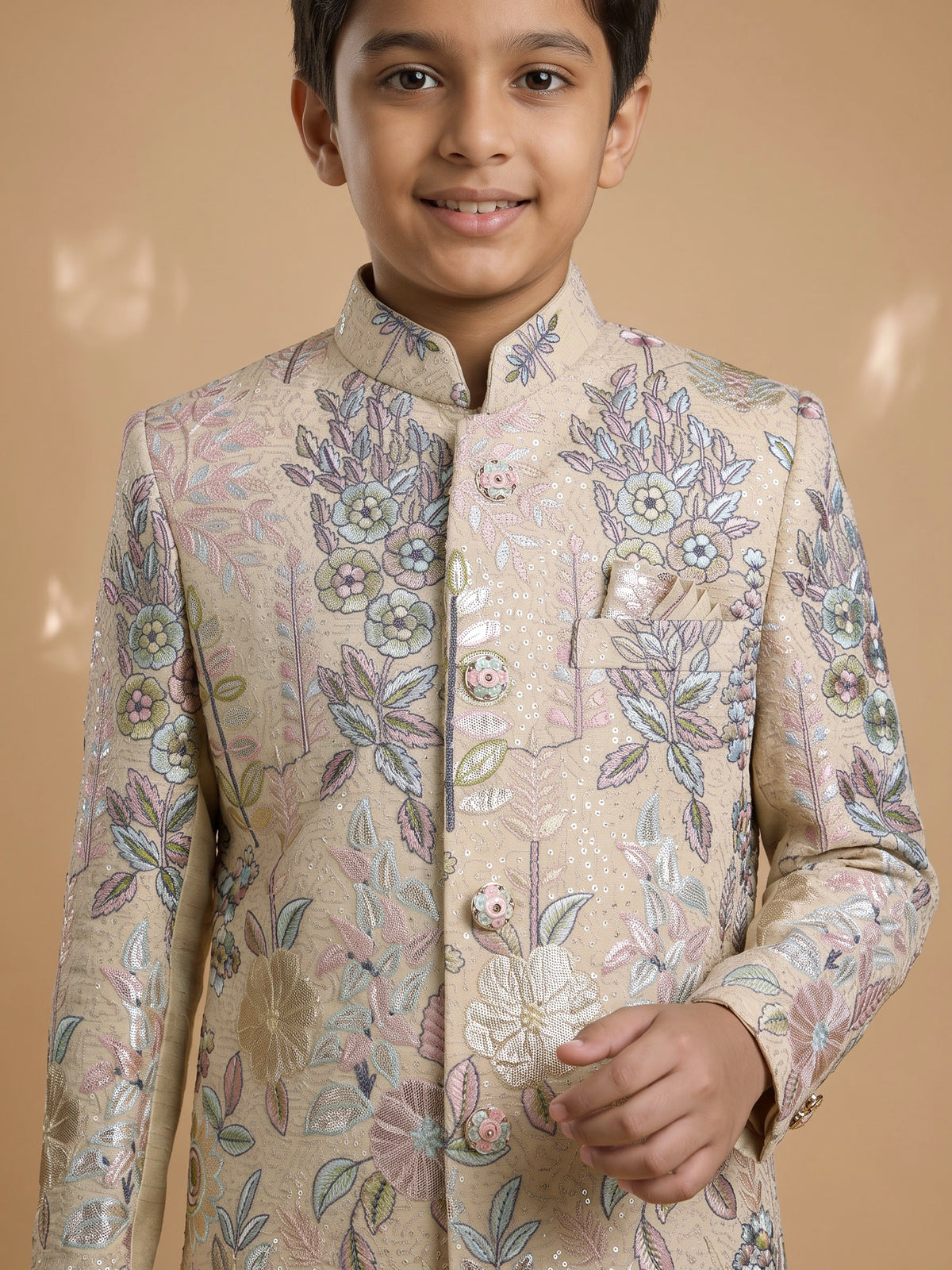 Beige cotton silk boys indowestern set with sequins and gota