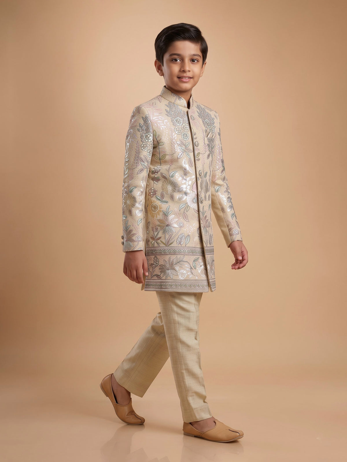 Beige cotton silk boys indowestern set with sequins and gota